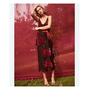Ett:twa by Anthropologie Jumpsuit Small Black Red Floral Velvet Wide Leg